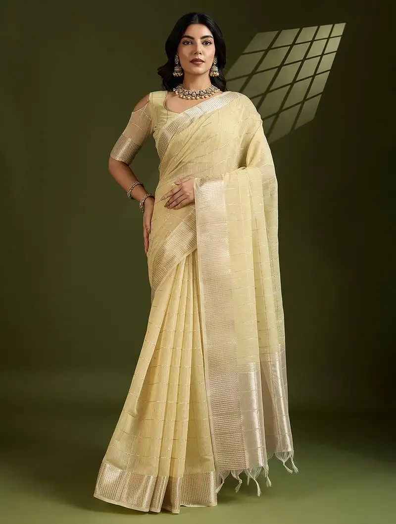 Yellow zari checks silk blend saree with woven pallu and unstitched blouse