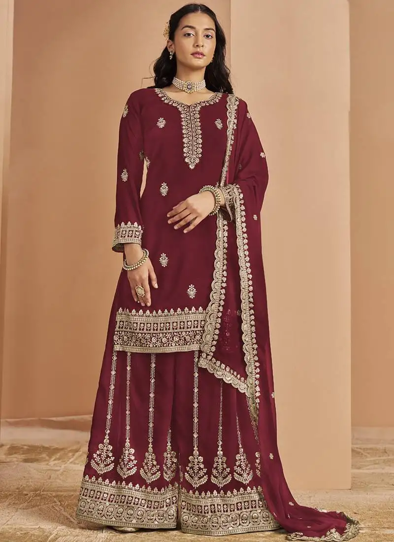 Maroon faux georgette embroidered palazzo suit semi stitched