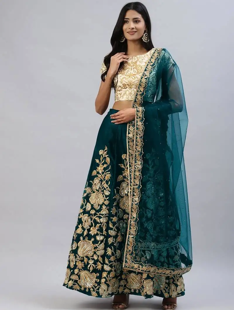 Turquoise zari sequins embroidered velvet lehenga choli