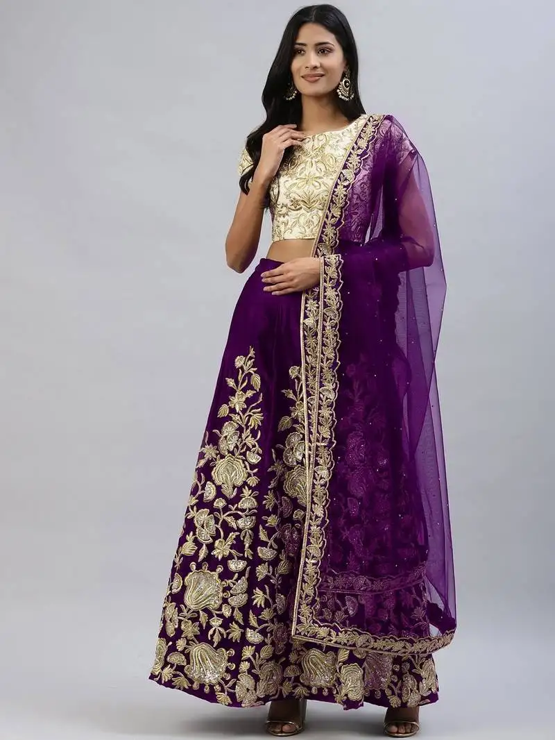 Purple zari sequins embroidered velvet lehenga choli