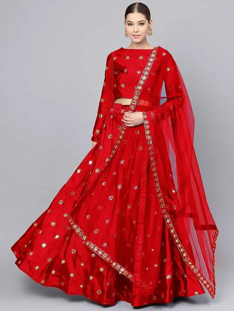 Red art silk embroidered mirror work lehenga choli with dupatta