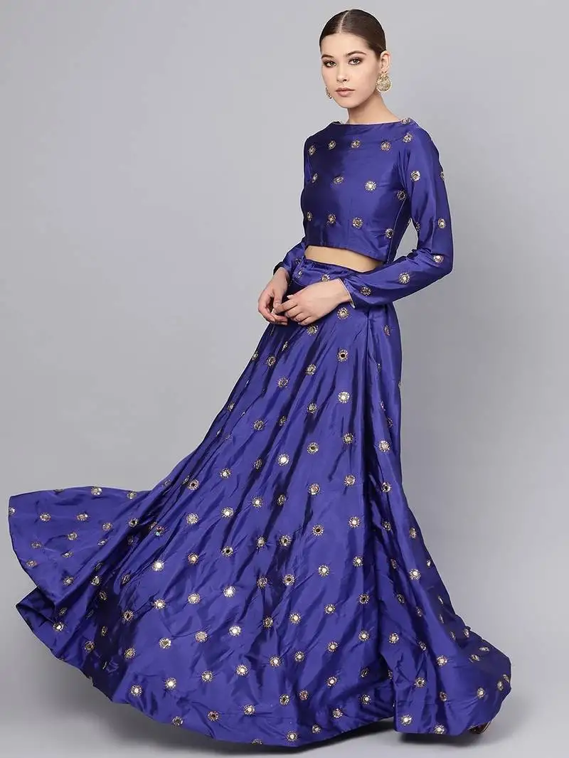 Blue art silk embroidered mirror work lehenga choli with dupatta