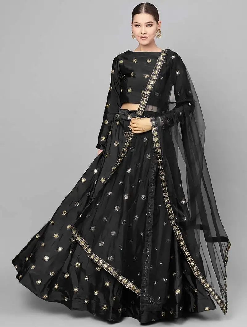 Black art silk embroidered mirror work lehenga choli with dupatta