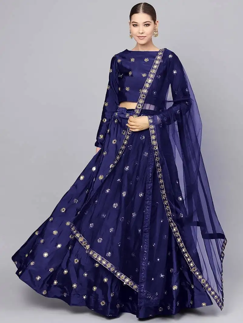 Navy blue art silk embroidered mirror work lehenga choli with dupatta