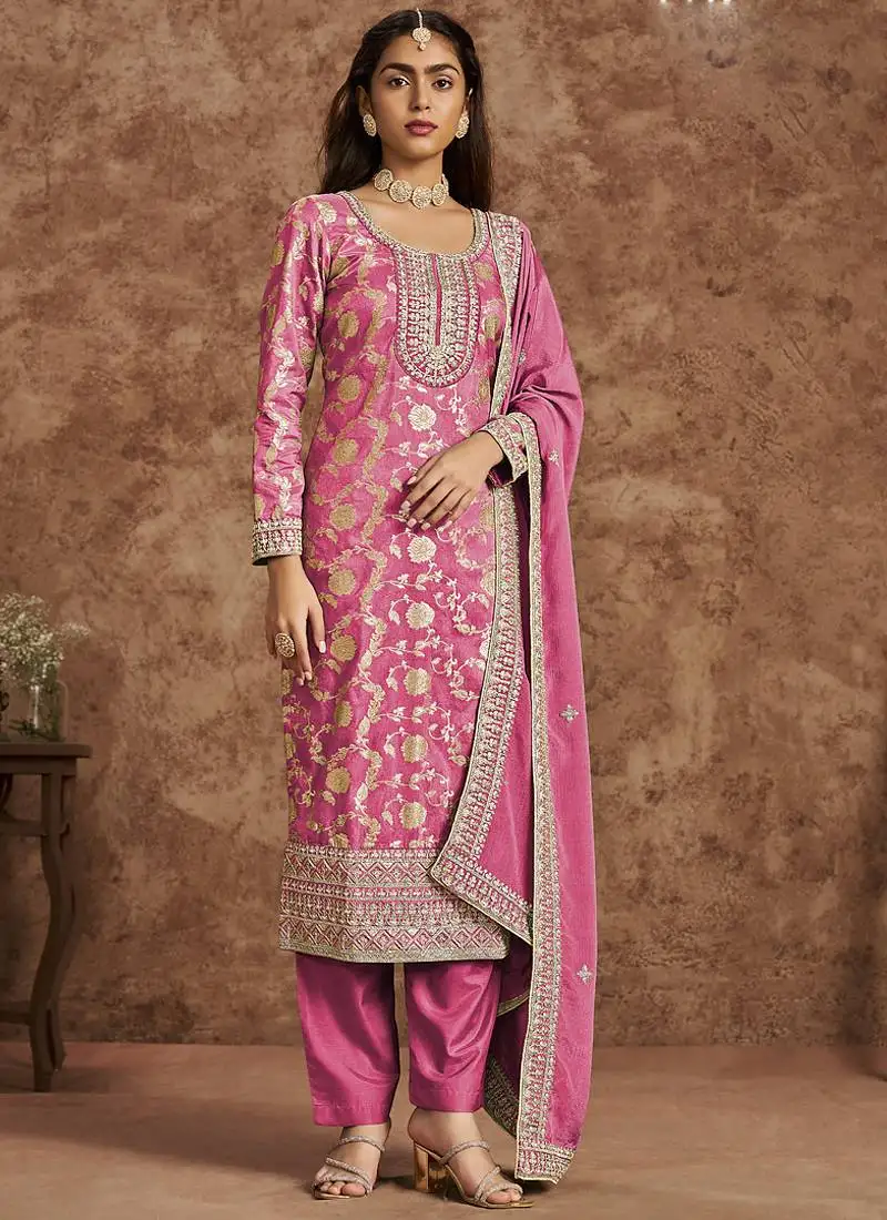 Pink dola silk jacquard designer salwar suit semi stitched