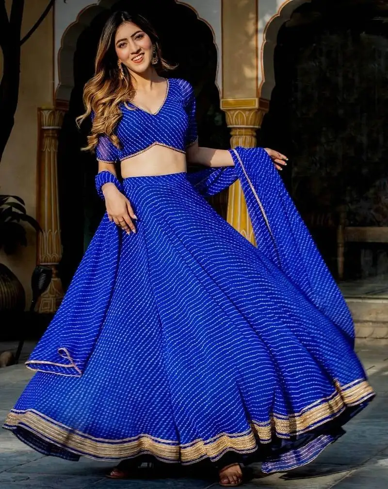 Blue zari and coding lace work with leheriya printed georgette lehenga choli