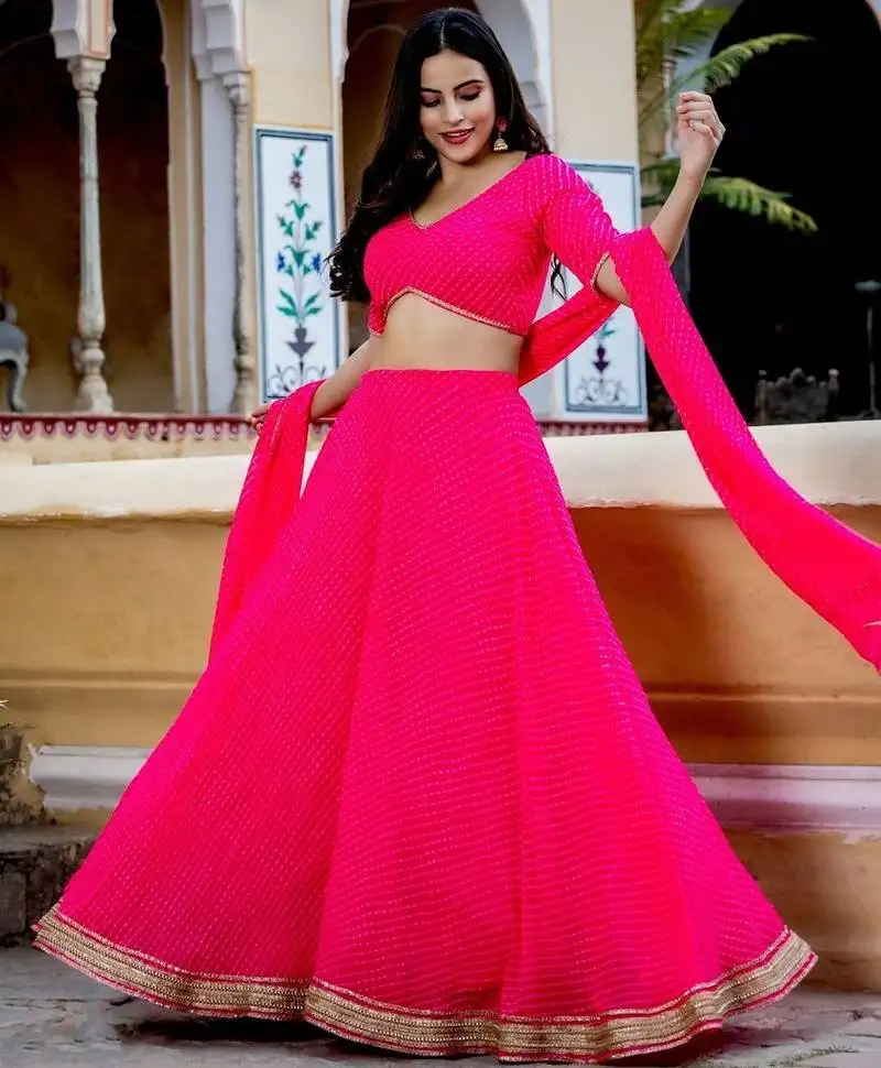 Pink zari and coding lace work with leheriya printed georgette lehenga choli