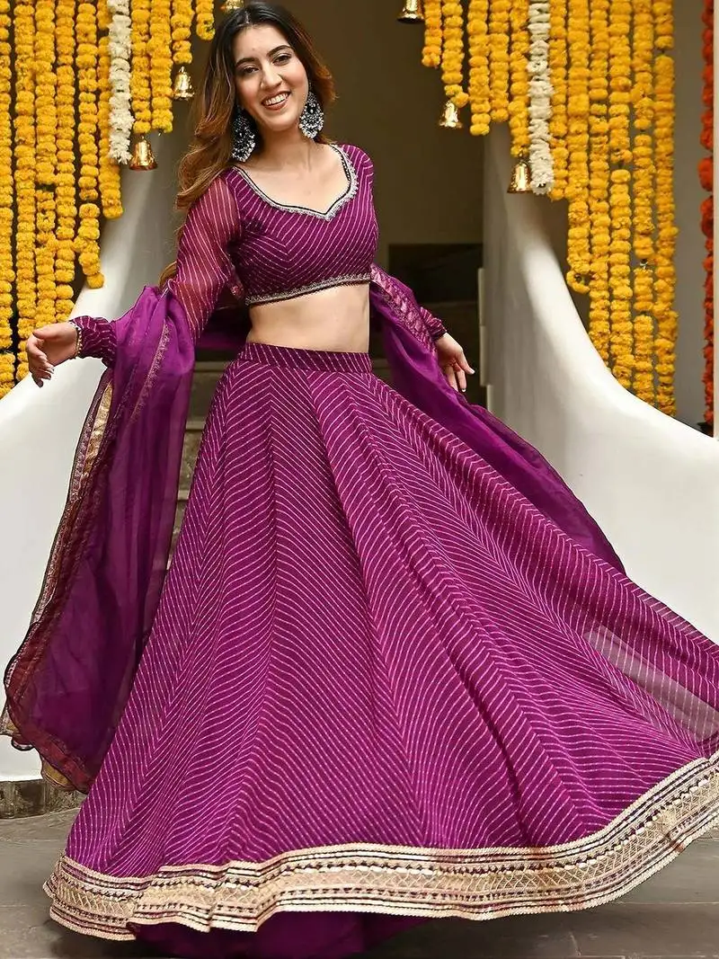 Purple zari and coding lace work with leheriya printed georgette lehenga choli