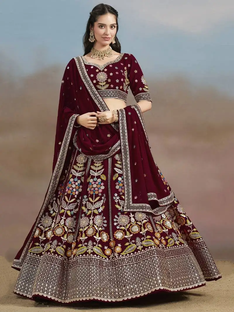 Maroon georgette sequins thread zari embroidered lehenga choli