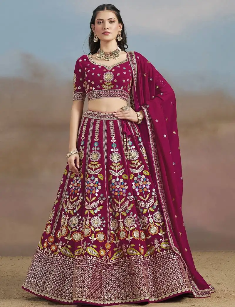 Pink georgette sequins thread zari embroidered lehenga choli