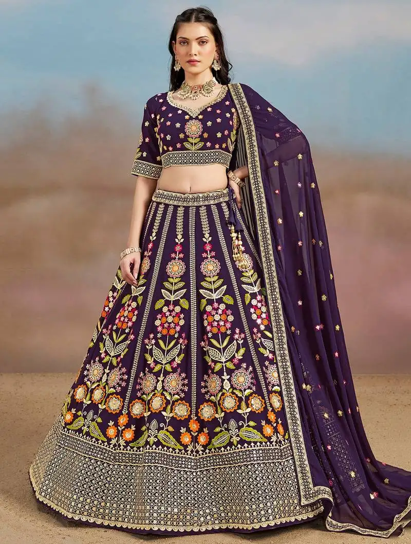 Purple georgette sequins thread zari embroidered lehenga choli