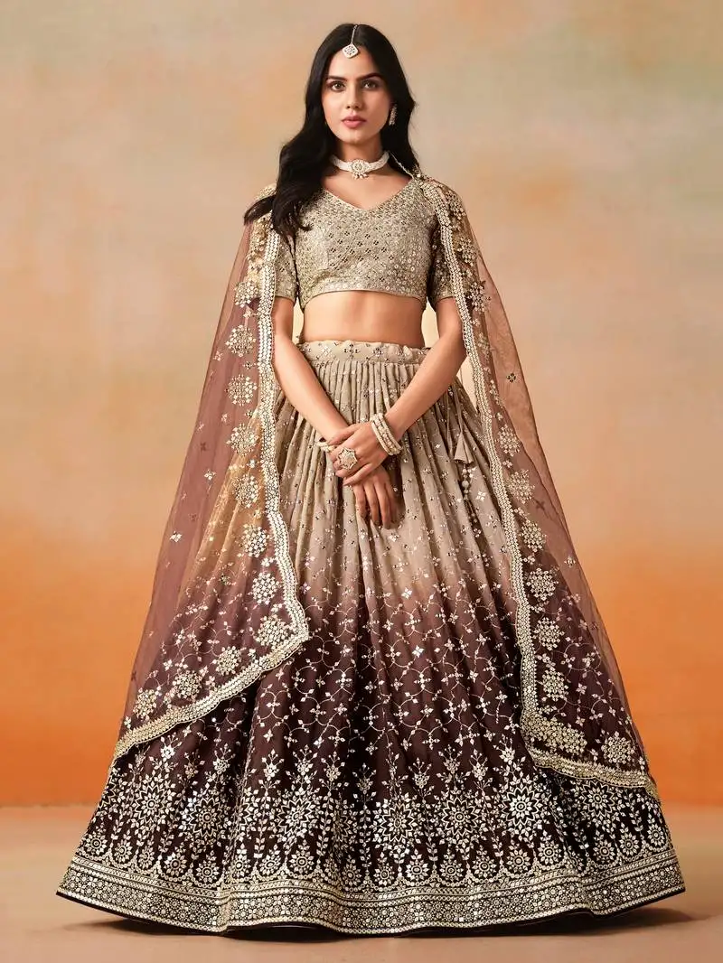 Brown georgette sequins zari embroidered lehenga choli