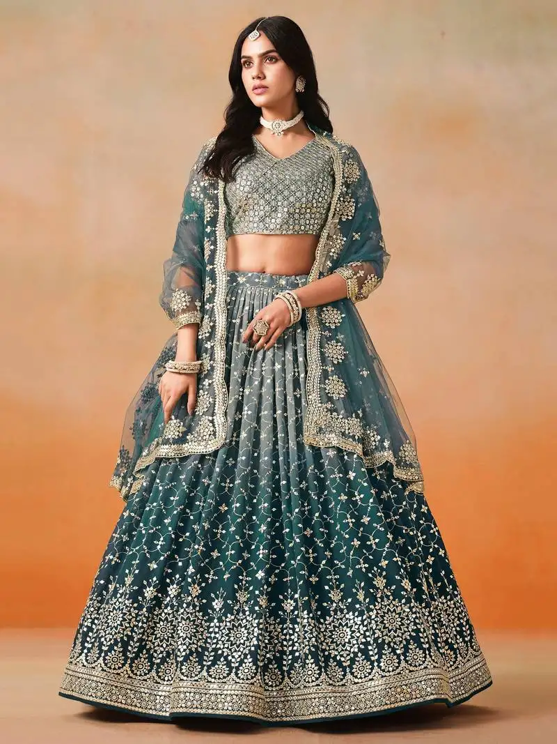 Dove blue georgette sequins zari embroidered lehenga choli
