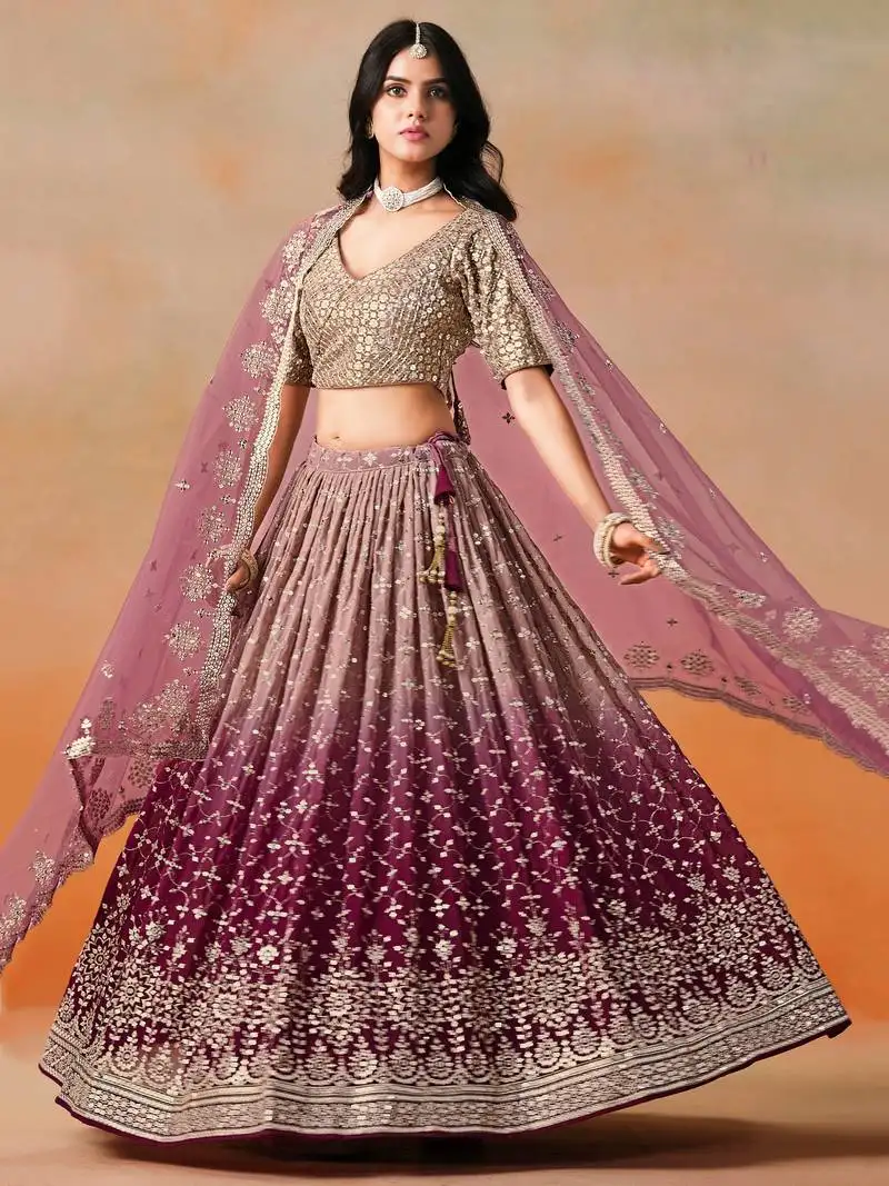 Maroon georgette sequins zari embroidered lehenga choli
