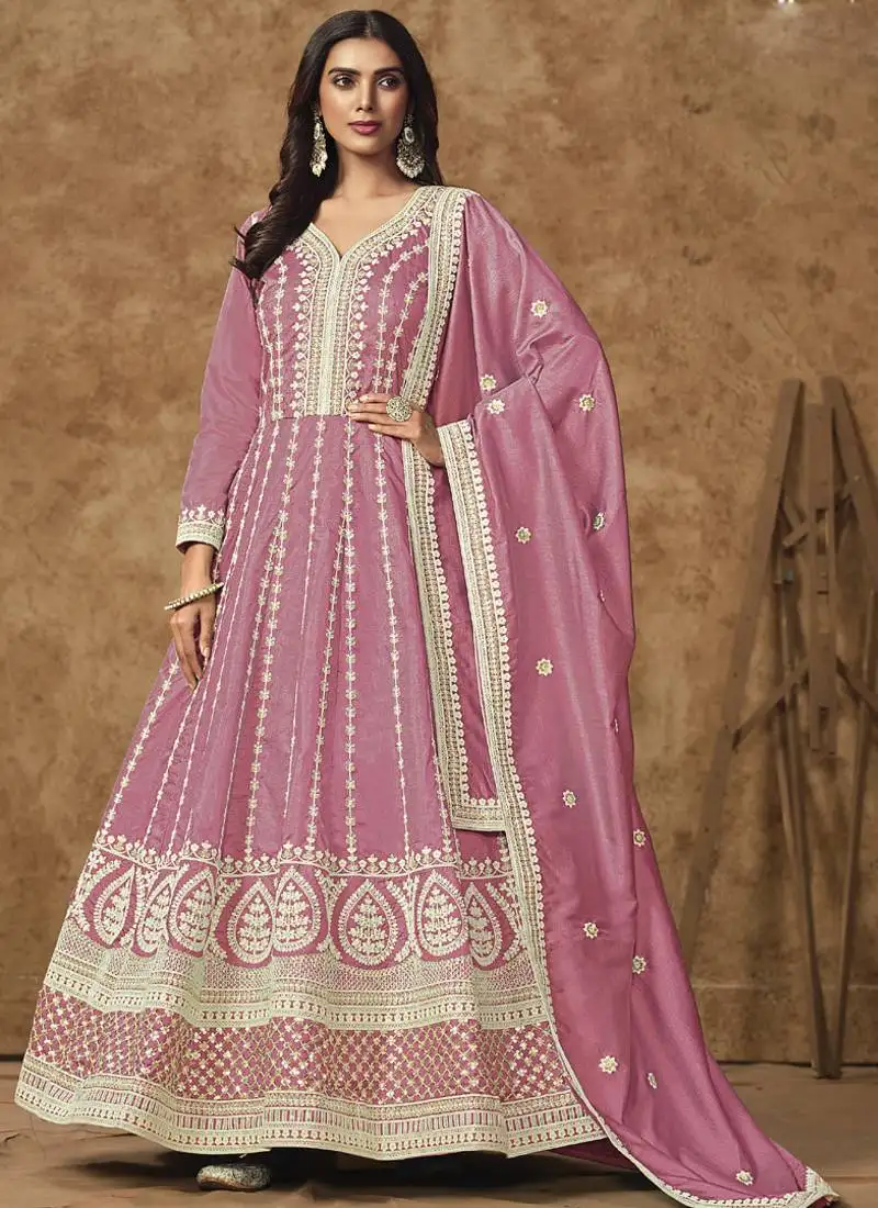 Pink dola silk embroidered anarkali suit semi stitched