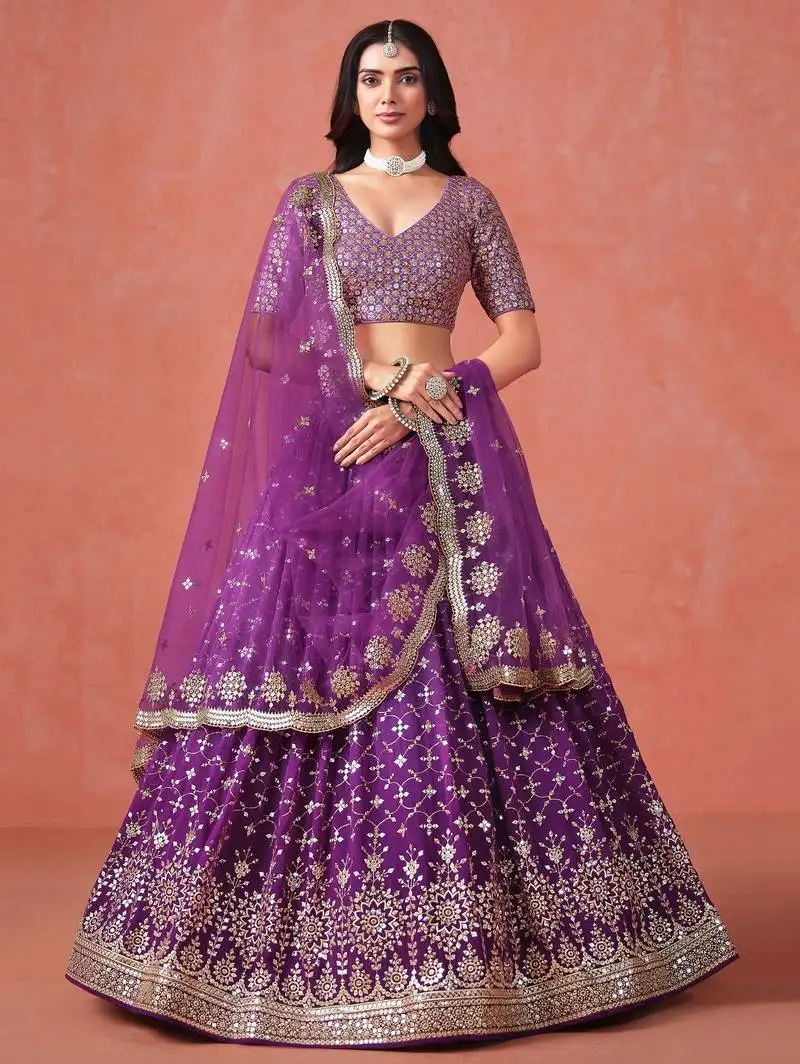 Purple georgette sequins zari embroidered lehenga choli
