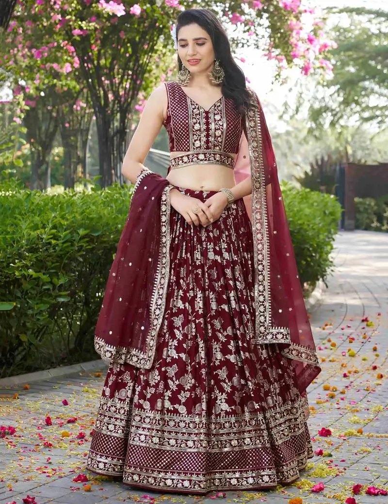 Maroon dola silk sequins zari embroidered lehenga choli