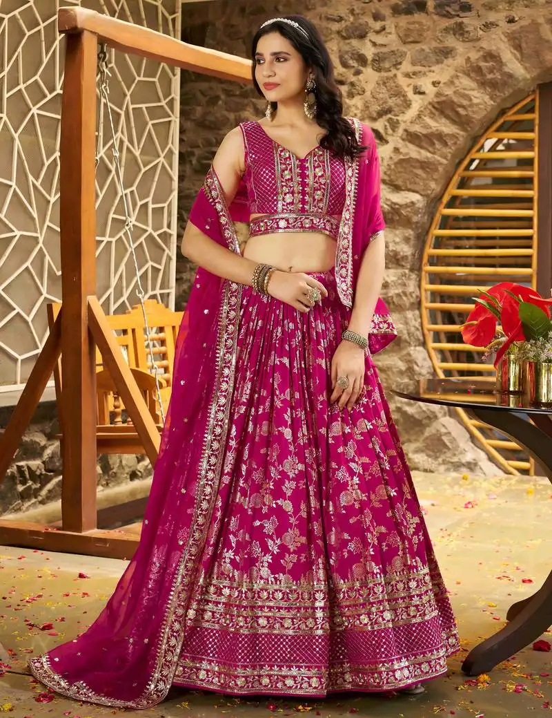 Rani pink dola silk sequins zari embroidered lehenga choli