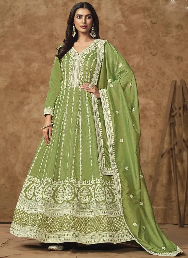 Light green dola silk embroidered anarkali suit semi stitched