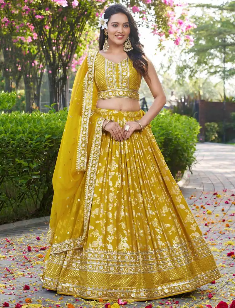 Yellow dola silk sequins zari embroidered lehenga choli