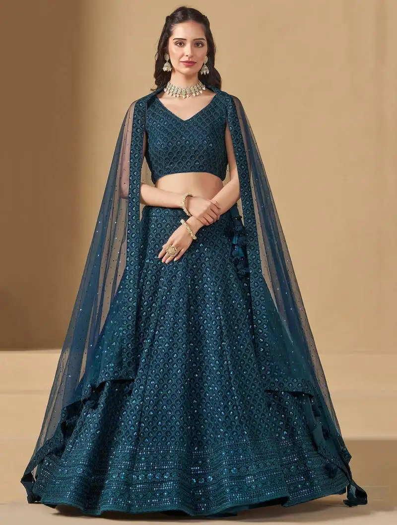 Blue georgette sequins thread embroidered lehenga choli