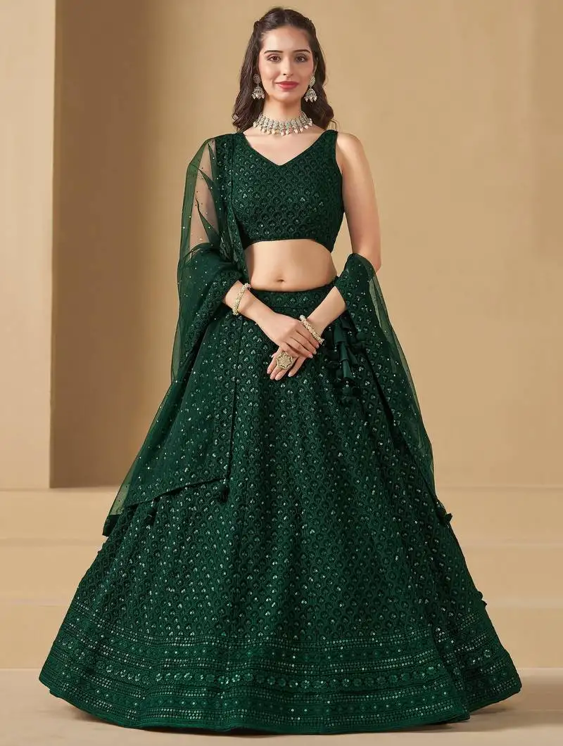 Green georgette sequins thread embroidered lehenga choli