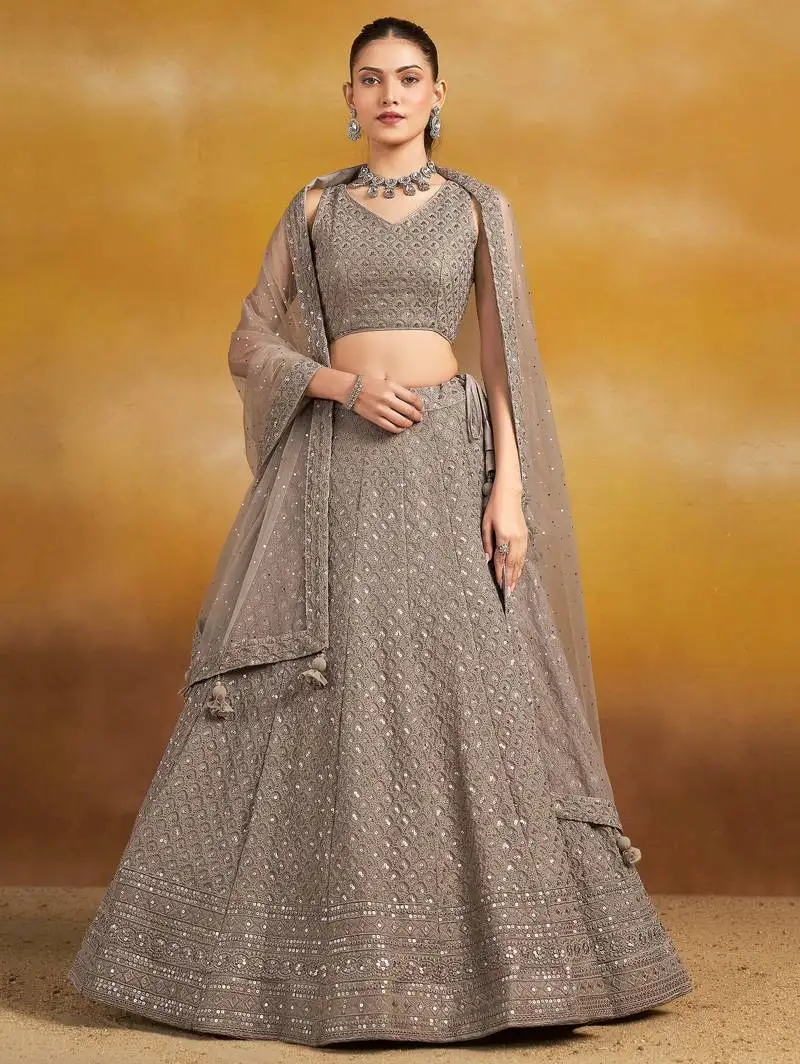 Grey georgette sequins thread embroidered lehenga choli