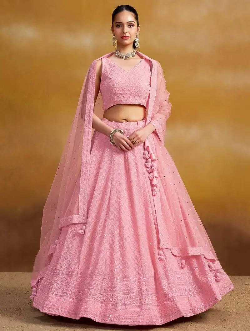 Light pink georgette sequins thread embroidered lehenga choli
