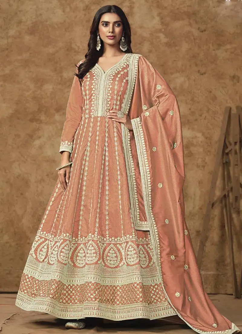 Light orange dola silk embroidered anarkali suit semi stitched