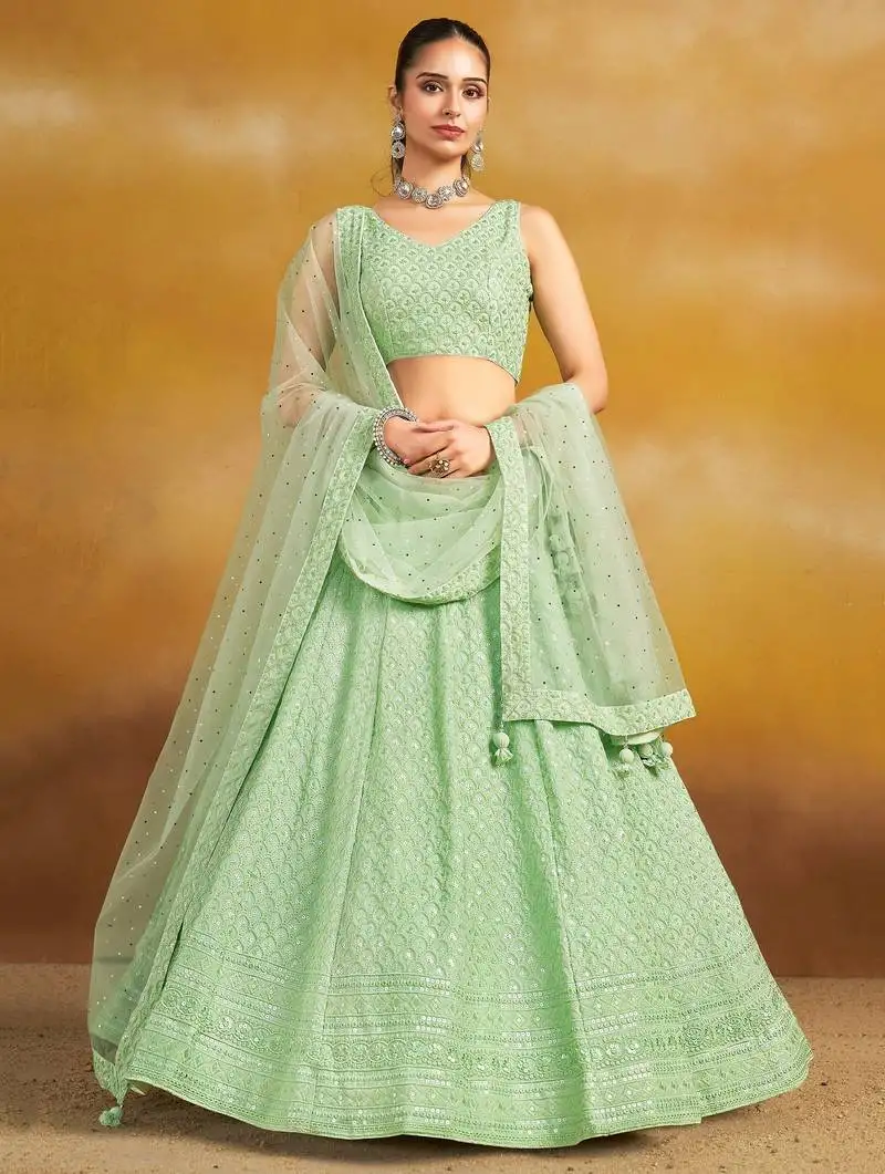 Mint green georgette sequins thread embroidered lehenga choli