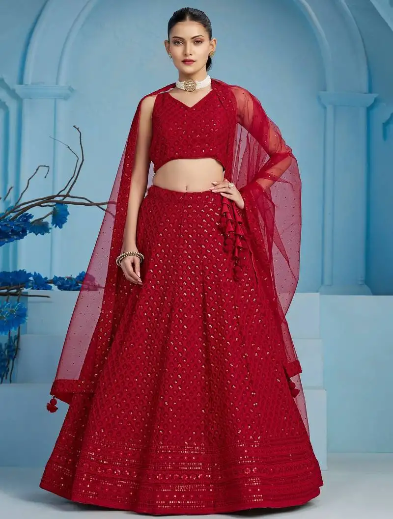 Red georgette sequins thread embroidered lehenga choli