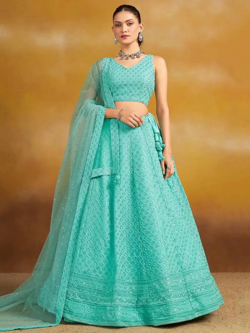 Sky blue georgette sequins thread embroidered lehenga choli