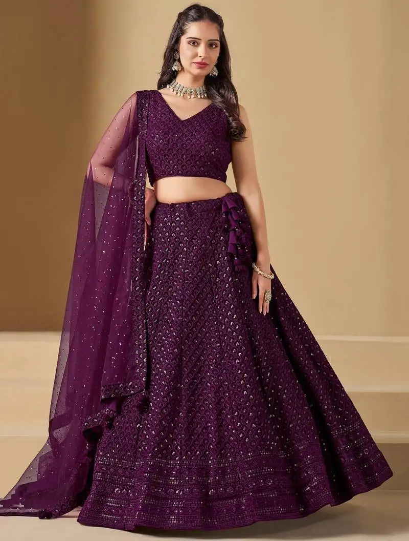 Wine georgette sequins thread embroidered lehenga choli