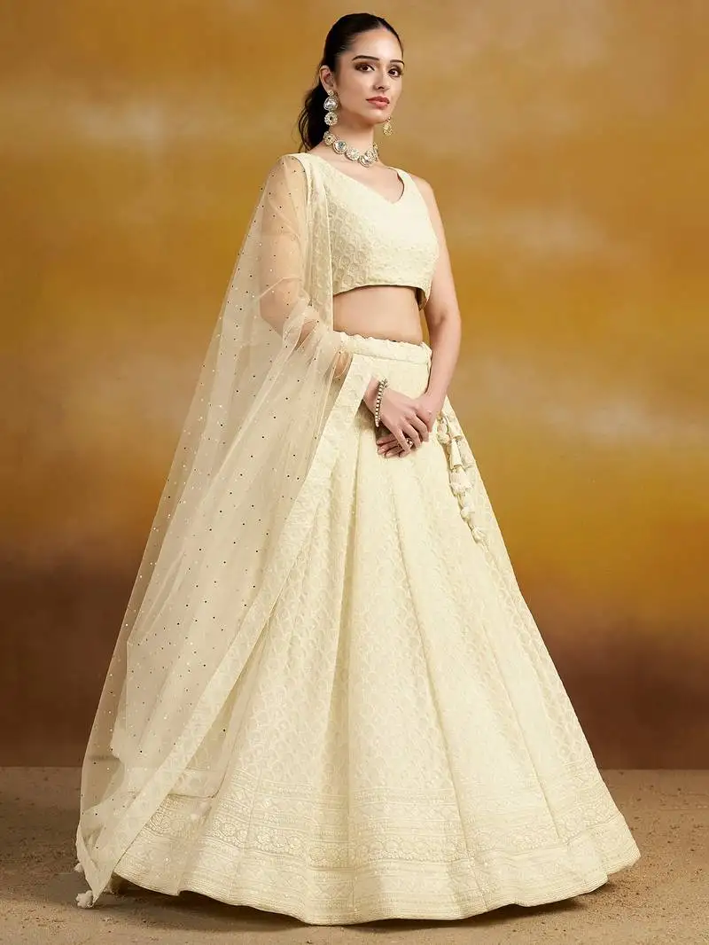 White georgette sequins thread embroidered lehenga choli