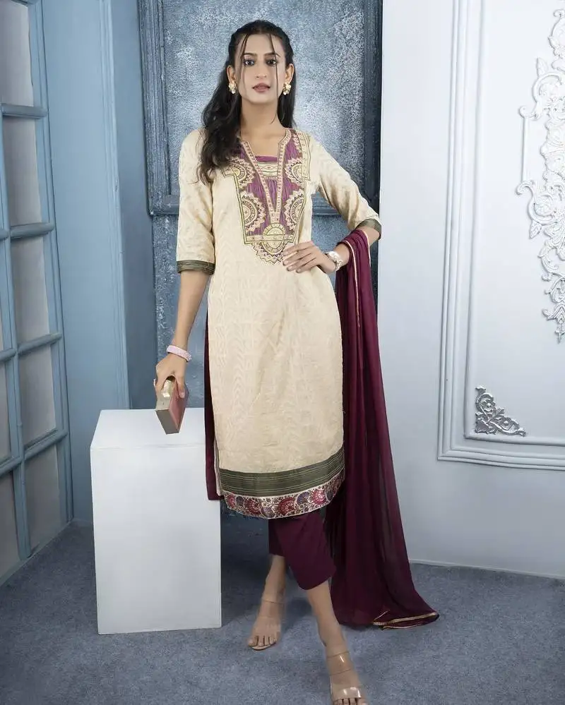 Beige embroidered silk straight cut trouser kurta dupatta readymade suits stitched