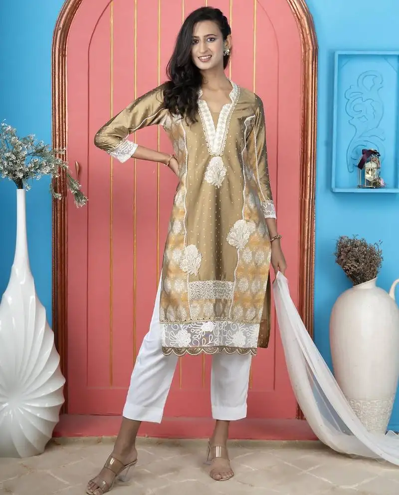 Antique gold embroidered silk straight cut trouser kurta dupatta readymade suits stitched