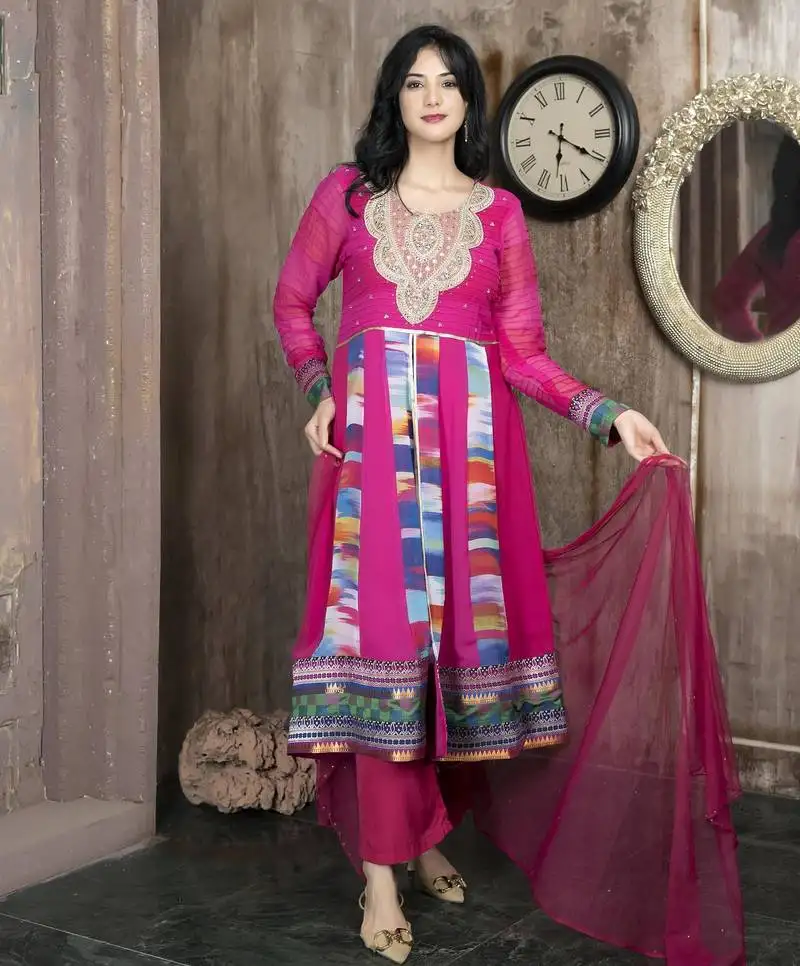 Pink embroidered georgette asymmetrical culottes kurta dupatta readymade suits stitched