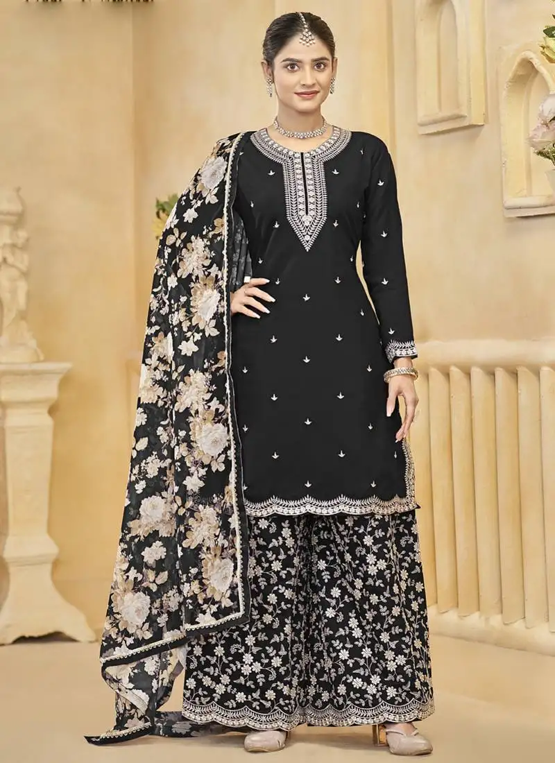 Black roman silk embroidered palazzo suit stitched
