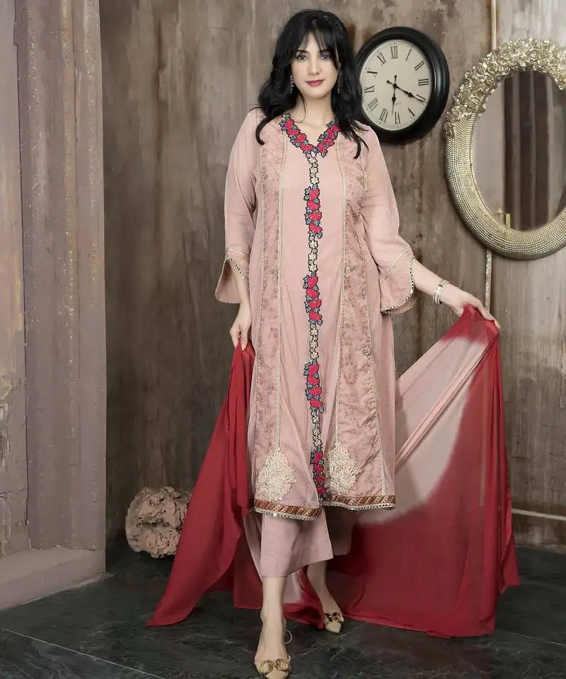 Peach embroidered net anarkaliculottes kurta dupatta readymade suits stitched
