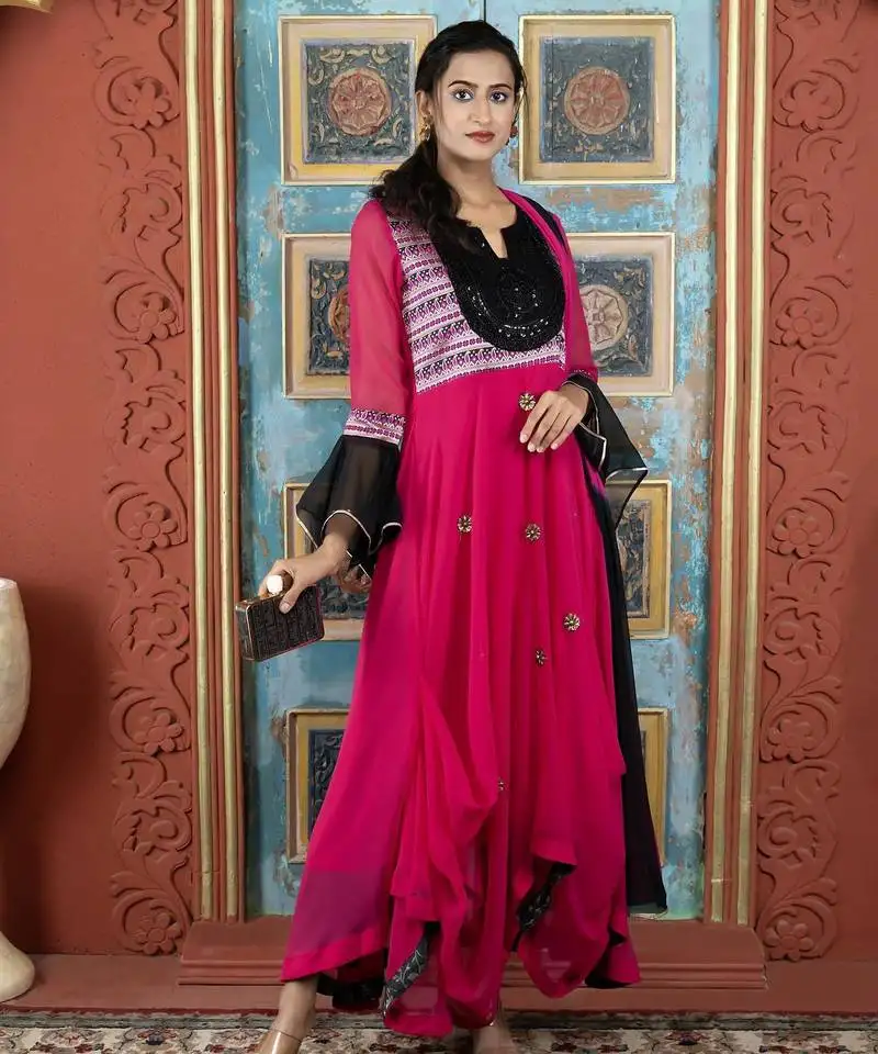 Pink embroidered georgette asymmetrical trouser kurta dupatta readymade suits stitched