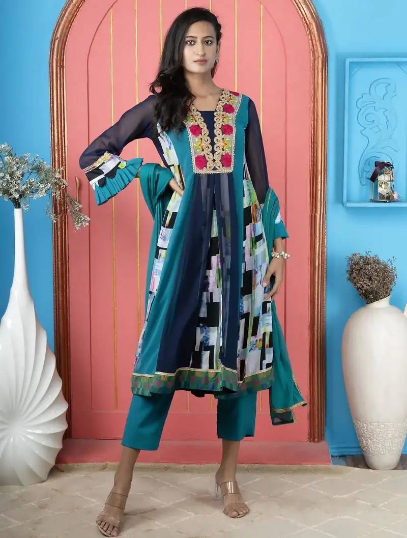 Navy-blue embroidered georgette anarkali trouser kurta dupatta readymade suits stitched