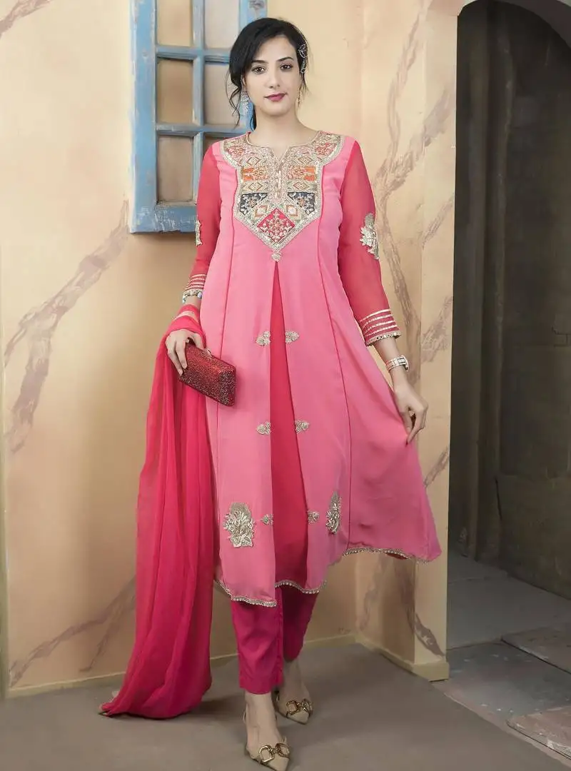 Light-pink embroidered georgette asymmetrical trouser kurta dupatta readymade suits stitched