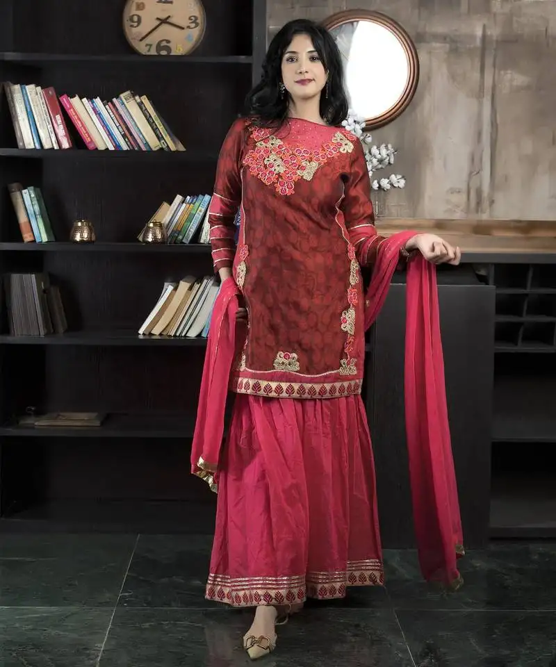 Maroon embroidered silk straight cut sharara kurta dupatta readymade suits stitched
