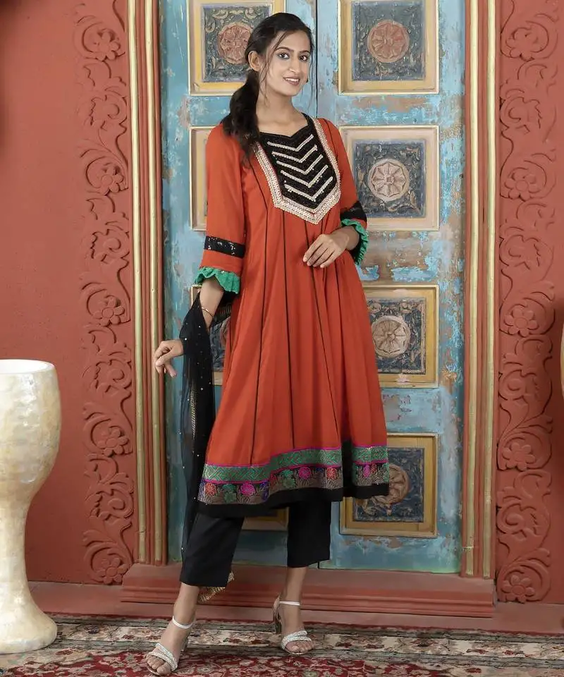 Brown embroidered georgette anarkali trouser kurta dupatta readymade suits stitched