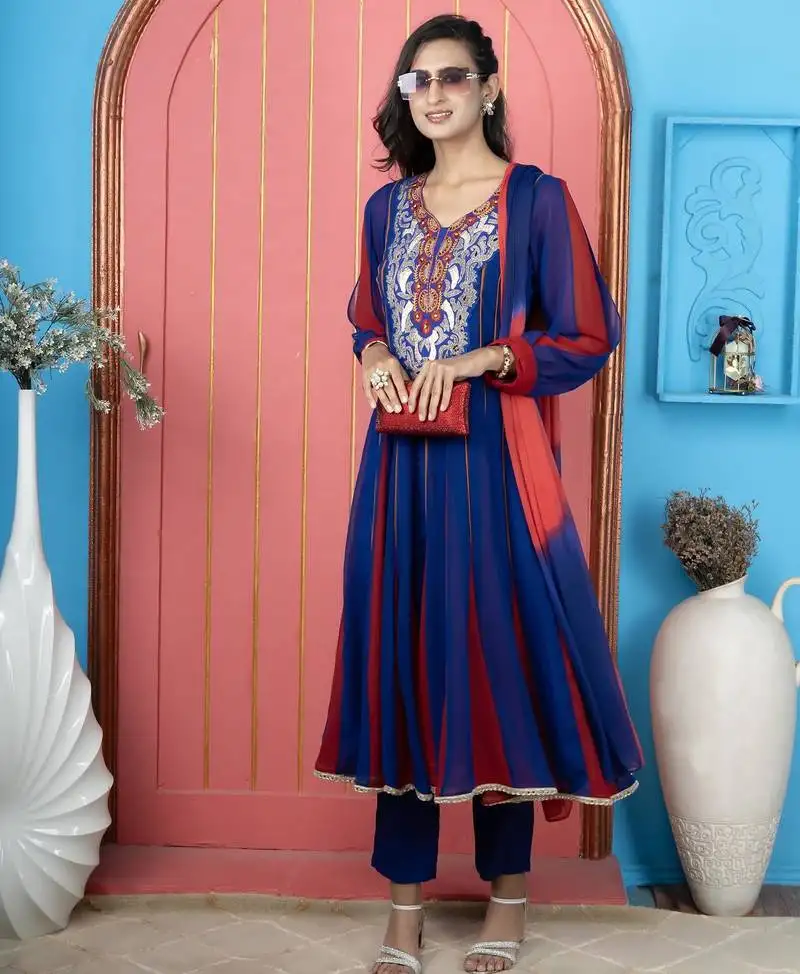 Royal-blue embroidered georgette anarkali trouser kurta dupatta readymade suits stitched