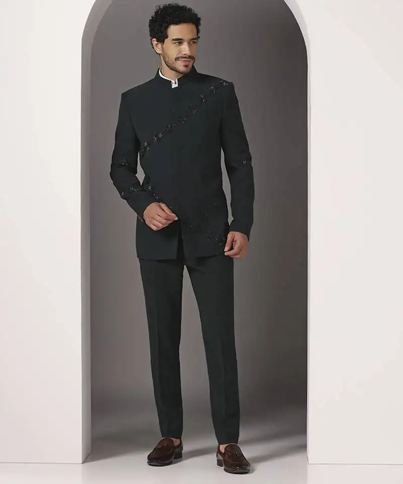 Green embroidered cotton bandhgala