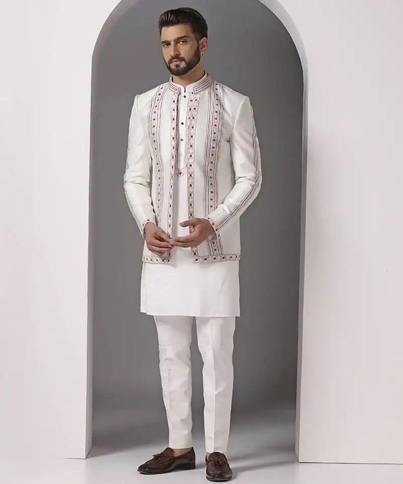 Ivory embroidered raw silk indo western