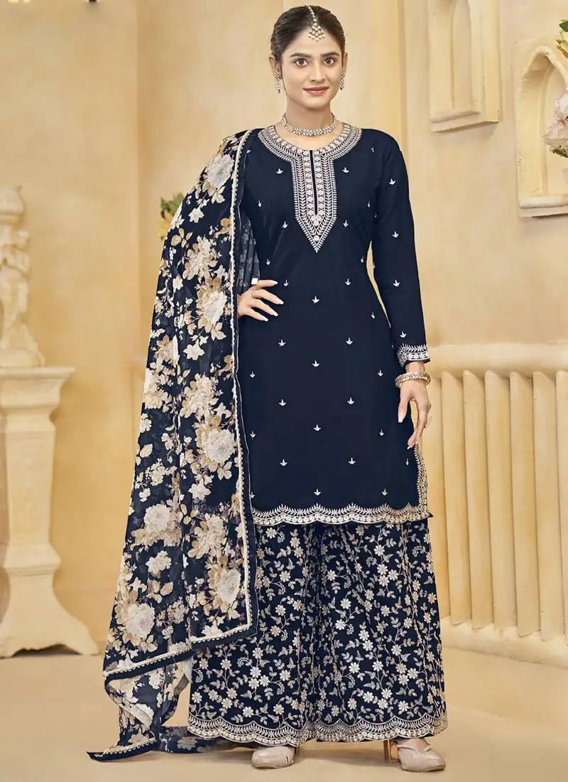 Navy blue roman silk embroidered palazzo suit stitched