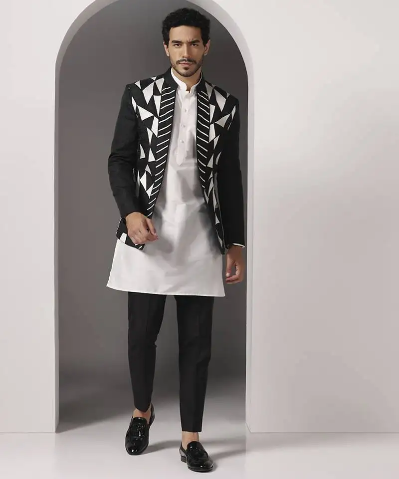 Black embroidered georgette kurta set with jacket