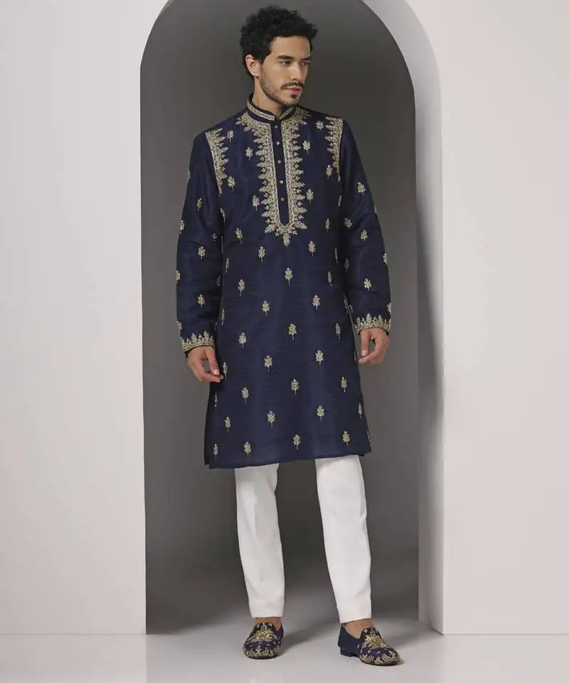 Blue embroidered raw silk kurta pajama